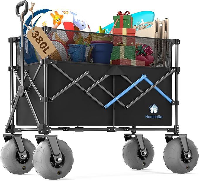 Beach Wagon with Big Wheels for Sand, 450LBS Heavy Duty Foldable Collapsible Wagons Carts with 9" All Terrain Inflatable Tires, Adjustable Capacity 200L–380L for Groceries, Camping, Sports