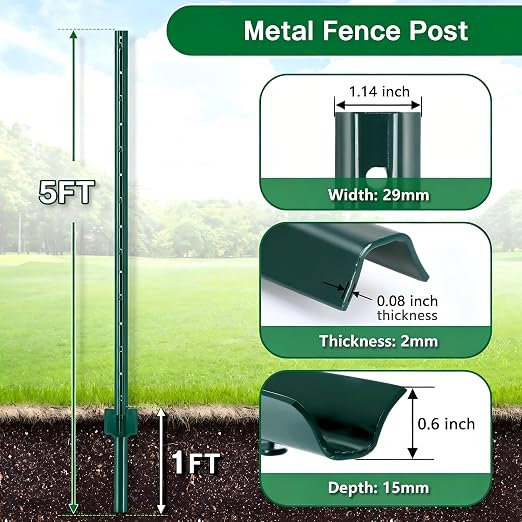 Gtongoko 5 Pack 5FT Heavy Duty Metal Fence Posts,Green U Channel No Dig Fence Stakes with Anchor Plate, 14 Gauge Steel Posts for Wire Fencing, Garden Protection, Animal Barrier, Yard and Farm Boundary