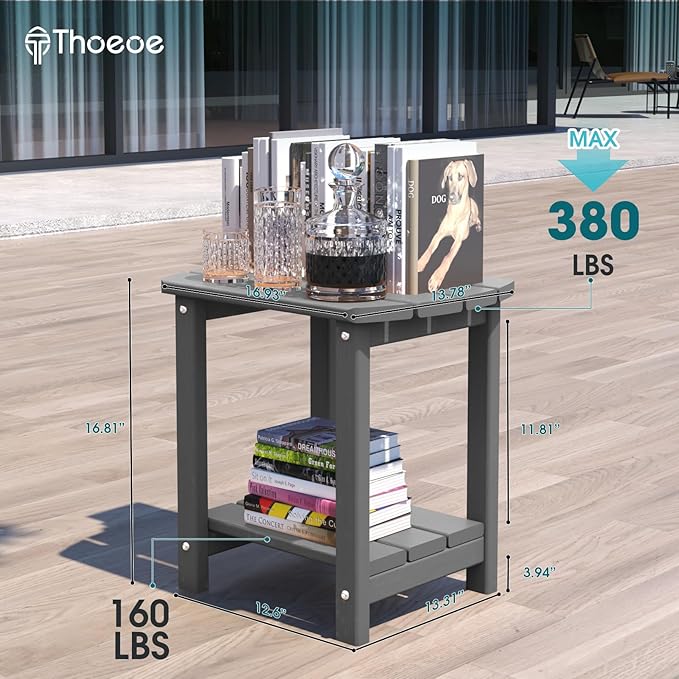 THOEOE Adirondack Outdoor Side Table, 2-Tier Sturdy Patio End Table Weather Resistant, Morden Side Table for Patio, Pool, Porch, Grey