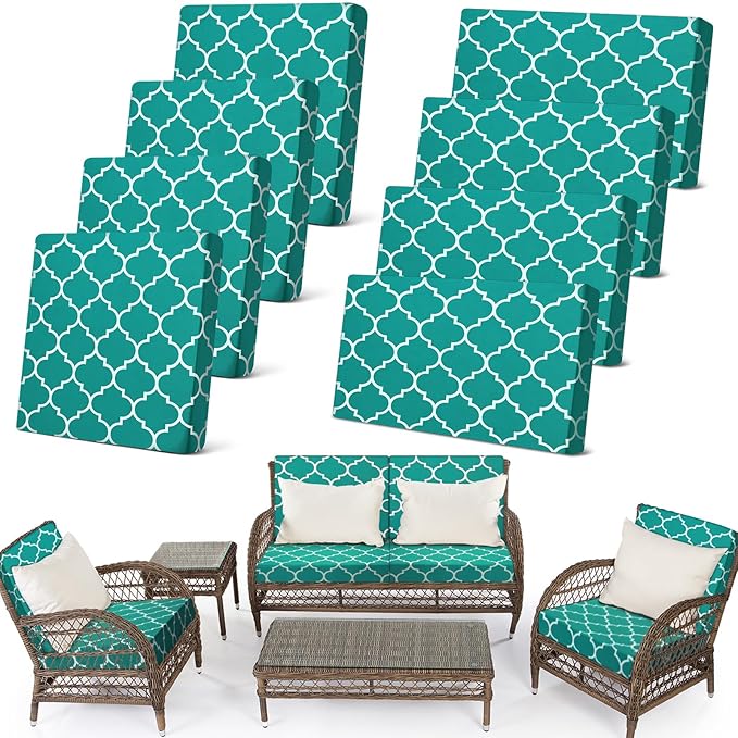 Newwiee 8 Pcs Stretch Patio Outdoor Cushion Covers Waterproof Replacement Sofa Couch Covers for 4 Backrests and 4 Cushions Washable Lawn Garden Seat Furniture Protector(Peacock Blue)