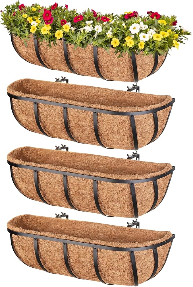 Legigo 4 Pack 16 Inch Window Boxes Railing Planter Box with Coconut Liner, Balcony Railing Planter Horse Trough Deck Window Planters, Metal Railing Hanging Flower Baskets for Outdoor Porch Fence Patio