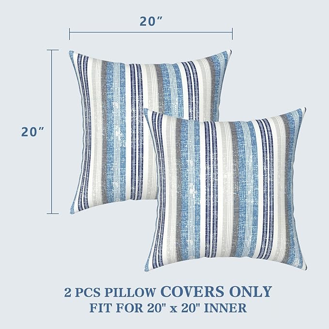 LVTXIII Outdoor Pillow Covers 20x20 Inch, 2 Pack Large Square Throw Pillow Cases, Fade-Resistant Cushion Covers for Patio Furniture Sofa, Garden Porch, Stripe Layered Blue