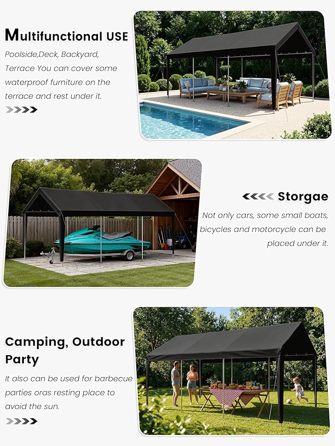 12 x 20 Ft Carport Replacement Cover, Heavy Duty Outdoor Car Tarp Canopy, Waterproof & UV Protected Tear Oxford Tarp with Ball Bungees (Frame is Not Included)