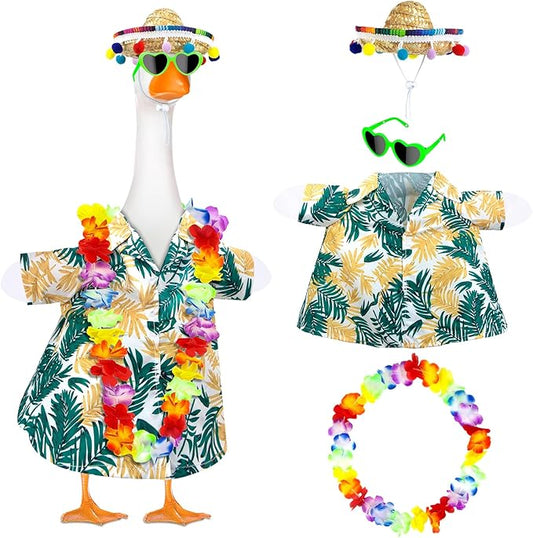 Hawaiian Goose Outfit with Sunglasses & Wreath,Porch Goose Outfits for 23" 17" Cement Plastic Goose Clothes Costumes,Garden Decor Goose and Duck Costume for Outdoor Statues