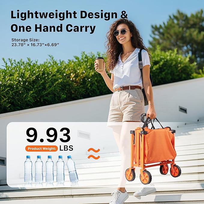 Collapsible Wagon Cart with Wheels, 150L Lightweight Foldable Utility Cart, Portable Rolling Wagon for Garden, Shopping, Sports, Camping, Transport, Tangerine
