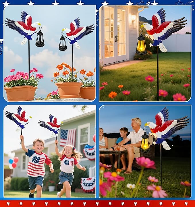 Solar Lights Outdoor Waterproof Eagle Garden Decor,29.9in Metal Eagle with Solar Lights,250th Anniversary America Eagle Patriotic Decorations Outdoor,Decorative Garden Stakes for Yard Art Patio Porch