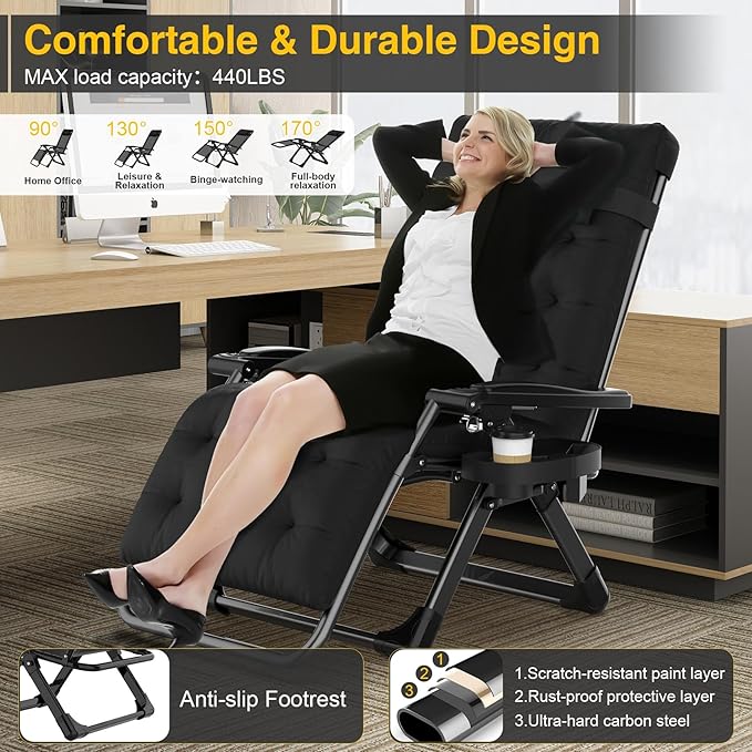 Suteck Zero Gravity Chair, Reclining Camping Lounge Chair with Aluminum Alloy Lock, Folding Patio Recliner w/Removable Pad, Adjustable Headrest and Side Tray for Outdoor Patio, Lawn, and Camping