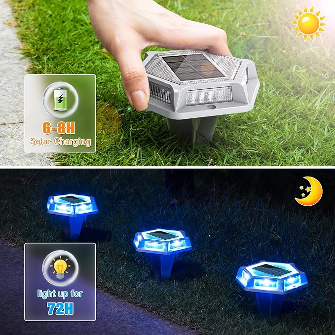 VOLISUN Solar Driveway Lights Dock Outdoor Waterproof Marker Lights,12 Pack Solar Deck Lights 2 Colors in 1 Led Wireless IP67,Solar Blue Deck Lights for Sidewalk Pathway Yard(White/Blue),Auto On/Off