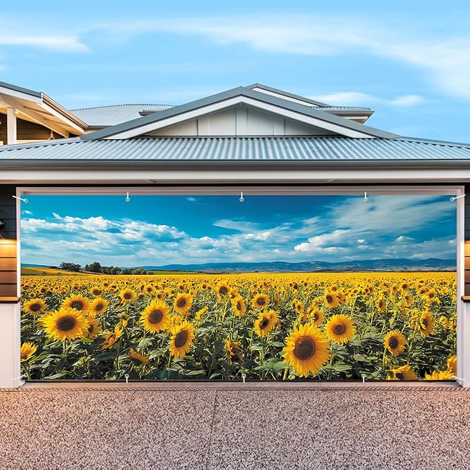 7 * 16FT Summer Garage Door Cover Decorations Sunset Palm Trees Garage Door Banner for Outdoor Indoor Summer Party Photography Backdrop (sunflower, 7 * 16 ft)