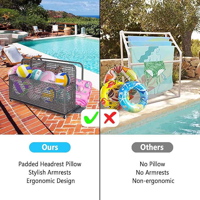 Rolling PE Rattan Pool Float Storage Bin with Wheels – 43" Outdoor Wicker Caddy with Compartment & Basket for Towels, Toys, Patio Accessories – Grey