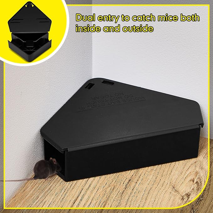 Qualirey 24 Pcs Mice Station with Key Triangle Mouse Station Lockable Reusable Bait Box, Enclosed Design for Indoor and Outdoor Use, Suitable for Small Mice (Black)
