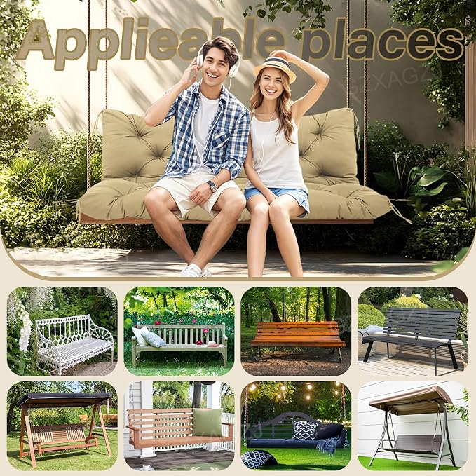 Outdoor Swing Replacement Cushions 48x40 inch Waterproof Porch Swing Cushions with Backrest and Ties 5” Thick 3 Seater Swing Cushions for Outdoor Furniture Backyard Patio Bench Lawn(Khaki)