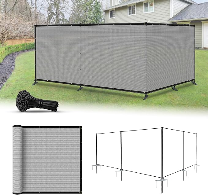 5'x106' Privacy Fence Kit Freestanding Mesh Screen with Iron Poles Temporary Fencing Outdoor Patio Backyard Divider Dog Air Conditioner Trash Fence Light Gray