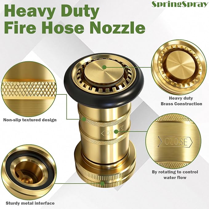 1-1/2" NPSH/NPT Brass Fire Hose Nozzle, Heavy Duty Adjustable Spray Jet Fog Nozzle, Constant Flow Industrial Firefighter Nozzle, 85 GPM, 100 PSI