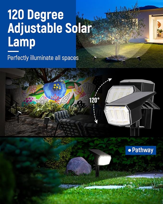 AUDERWIN Solar Spot Lights Outdoor 63 LED 3 Lighting,Waterproof IP65 Modes Spotlights for Outside House Yard Garden Landscape Lights 2 Pack (Natural Light)