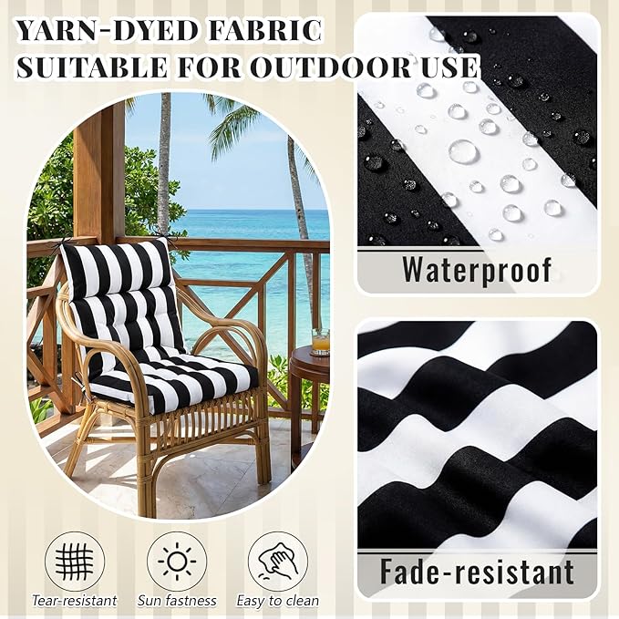 Sintuff 4 Pcs 44 x 21 x 4 Patio Chair Cushions Outdoor Chair Cushion Seat/Back Tufted Pillow with Ties Water Resistant Replacement Indoor Patio Furniture Outdoor Furniture (Stripe,Black,White)
