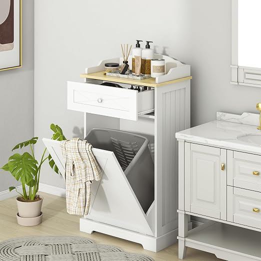 kepptory Tilt Out Trash Can Cabinet, 12 Gallon Farmhouse Laundry Hamper Cabinet with Drawer, Hidden Wooden Trash Garbage Can Bin with Storage Basket for Kitchen, Living Room (White)