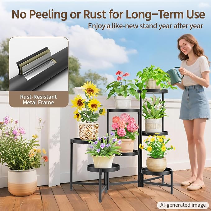LASZOLA 7 Tier Large Plant Stand Indoor Tall with 10 Inch Metal Tray, Corner Folding Flower Display Rack, Modern Plant Holder Shelf for Outdoor Patio Porch Garden Office Living Room, Black