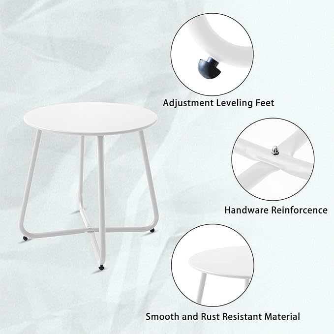 Meluvici Patio Outdoor Side Table Waterproof Round Metal Steel Small Side Table Weather Resistant Portable Outdoor and Indoor End Table for Garden Balcony Yard, White