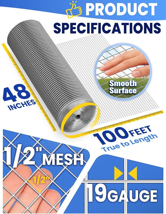 1/2 inch Hardware Cloth 48inchx100ft 19 Gauge, Galvanized Welded Wire Fencing Chicken Wire Mesh Plant Supports Poultry Roll Cage Wire Netting