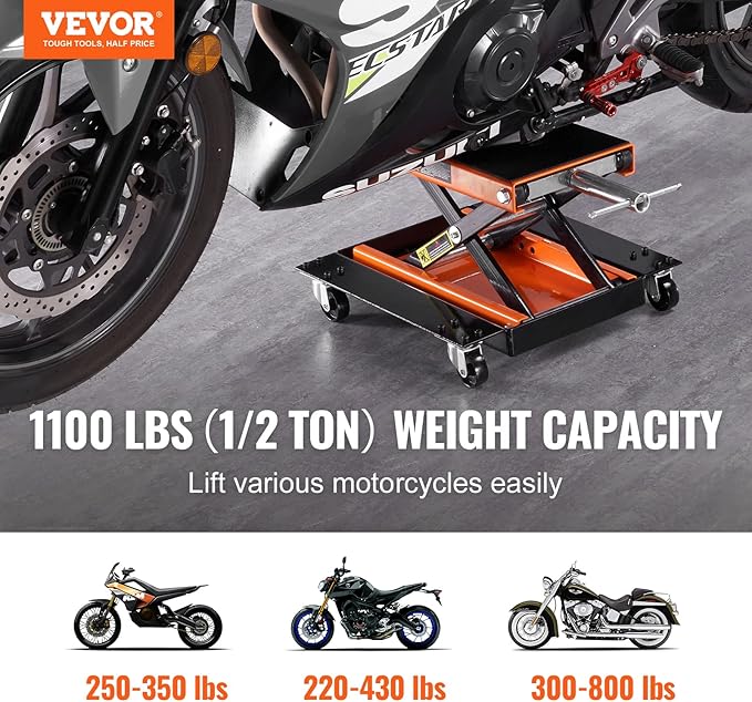 VEVOR Motorcycle Lift, 1100 LBS Motorcycle Lift ATV Scissor Lift Jack with Dolly & Hand Crank, Center Hoist Crank Stand with Wide Deck & Tool Tray for Street Bikes, Cruiser Bikes, Touring Motorcycles