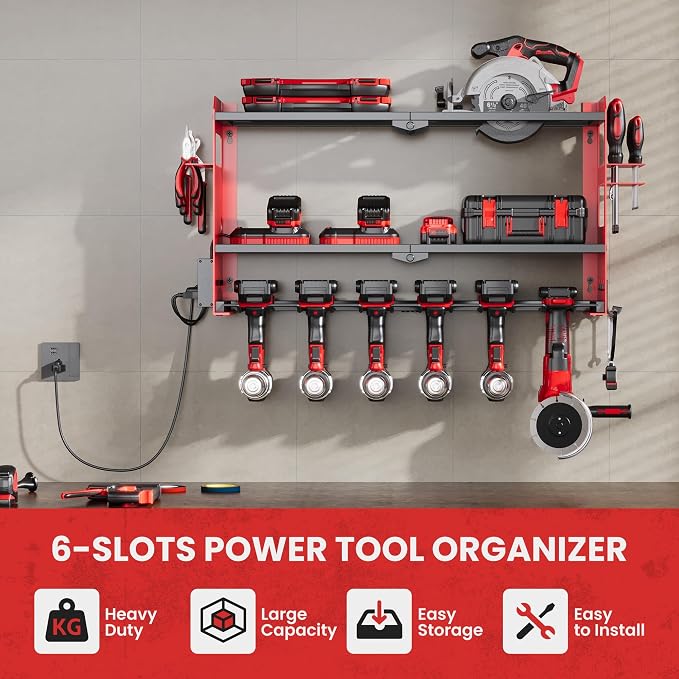 MOOMSINE Power Tool Organizer Wall Mount with Charging Station, Heavy Duty Metal Tool Storage with 5 Outlets, Cordless Drill and Battery Holder for Garage and Workshop Organization, Red