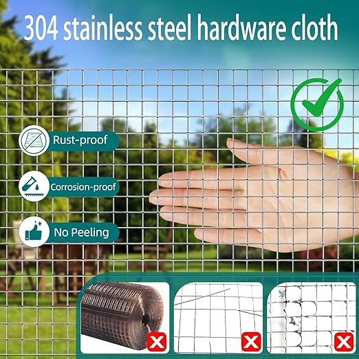 304 Stainless Steel Hardware Cloth Wire Mesh Roll, 1/2 inch 20 Gauge Welded Fence for Garden Protection, Chicken Coop, Squirrel Barrier, Animal Enclosure, DIY Projects (48in×49ft)