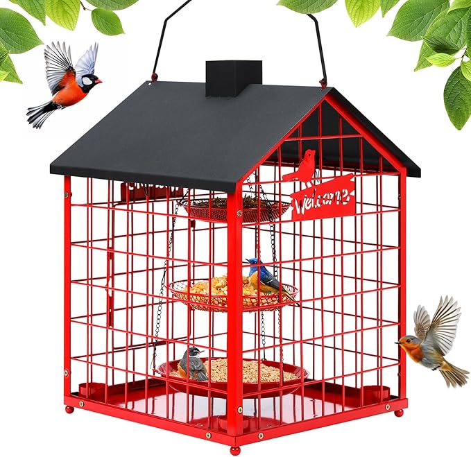 Bird Feeders for Outdoors, Metal Bluebirds Bird Feeder, Huge Caged Squirrel-Proof Bird Feeders with 4 Cups, DIY Wild Bird Feeders Outdoor Hanging, Attract Small Birds, 3 Layer Seed Tray (Red)