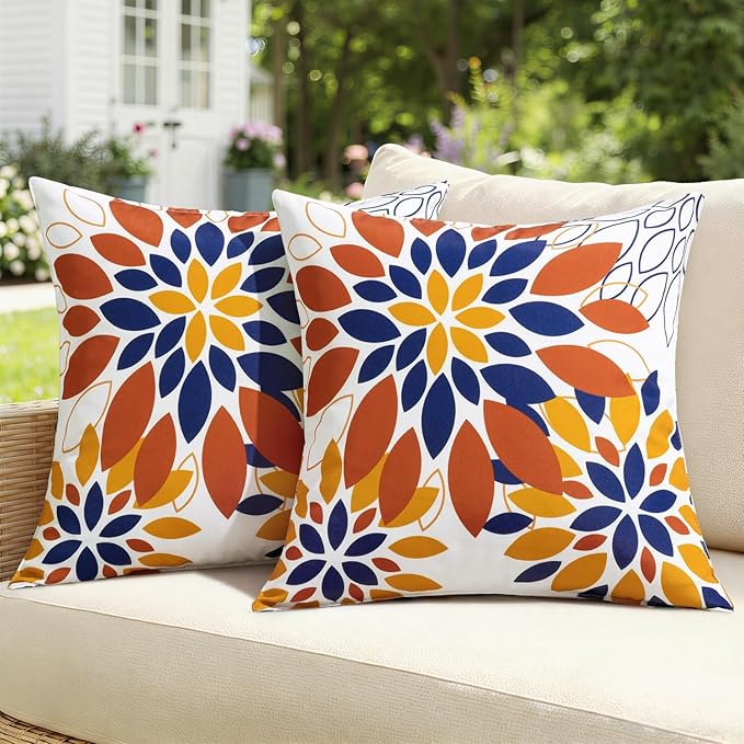 Floral Outdoor Pillow Covers Waterproof Spring Throw Pillow Cases Orange 18x18 Inch Set of 2 Decorative Summer Cushion Covers for Patio Furniture Garden Bench Porch Sofa