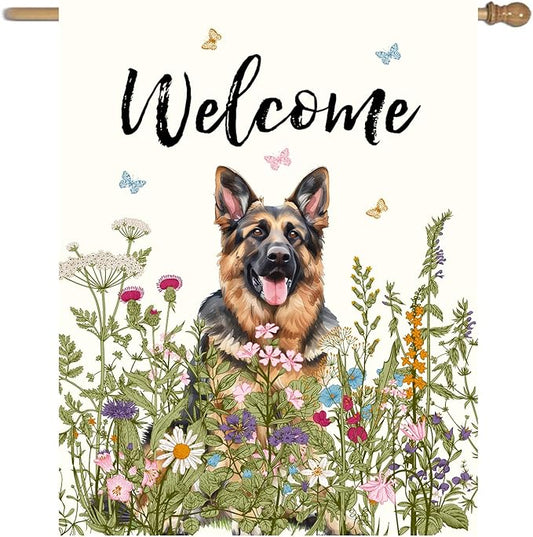 Floral German Shepherd Garden Flag Spring Summer House Flags 28 x 40 Double Sided Flower Dog Yard Flags for Outside Large Outdoor Welcome Flags