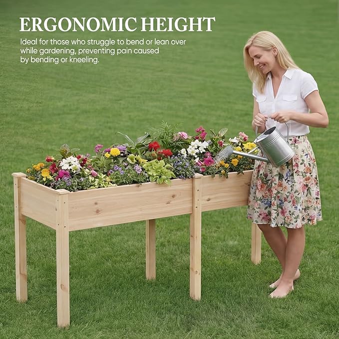 DUMOS Raised Garden Bed with Legs, 72x23x30 Inch Planter Box Outdoor with Liner for Herbs Flowers Vegetables, Elevated Wooden Garden Bed for Patio, Balcony and Backyard, Natural Wood