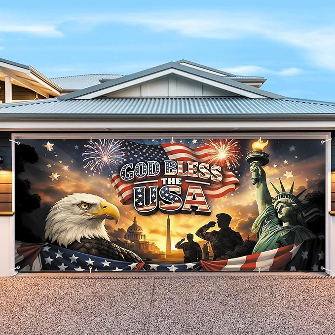 7 * 16FT Eagle flag God Bless The USA Garage Door Cover Decorations Independence Day Garage Door Banner for Outdoor Indoor Patriot Party Photography Backdrop
