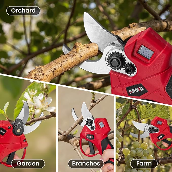 Upgraded Electric Pruning Shears, 1.6" Cutting Diameter Cordless Powered Pruner with LCD Display, Powerful Brushless Motor, 2×21V 2000mAh Batteries Electric Pruner for Tree Trimming Garden