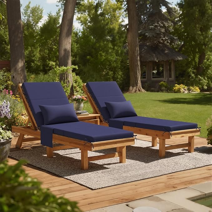 Crestlive Products Foldable Outdoor Chaise Lounge Cushions with Head Pillow and Side Pockets,Water Repellent & Fade Resistant Lounge Chair Cushion, 72''L x 21''W, Navy