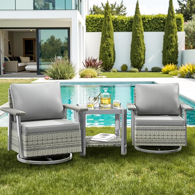 Pamapic 3 Pieces Patio Furniture Set, Outdoor Swivel Glider Rocking Chairs with Thick Cushions, Outdoor Wicker Bistro Set with Side Table, Swivel Conversation Set for Porch, Balcony, Deck