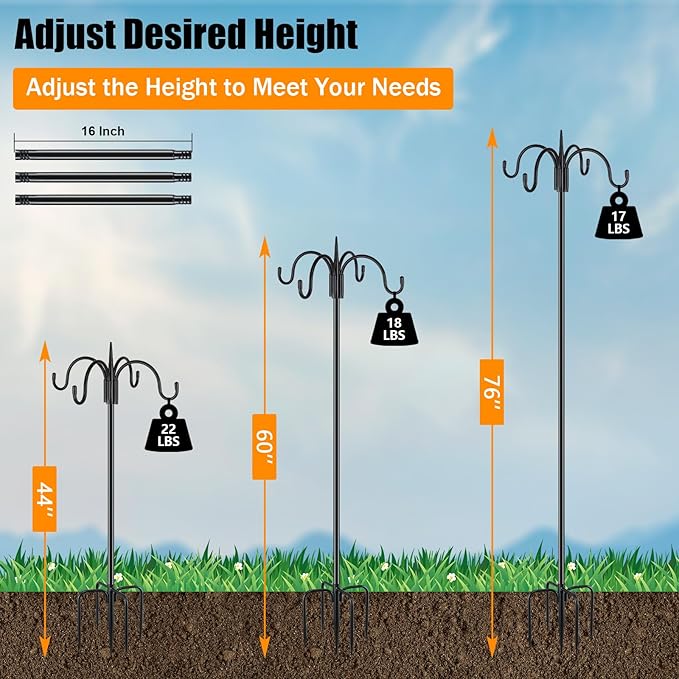 FEED GARDEN Heavy Duty Shepherds Hook 2 Pack 76" Four Hooks Adjustable (44/60/76") - Metal 5-Prong Base, 17lb Capacity - Easy Assembly Bird Feeder Pole for Hanging Planters, Lanterns, Wind Chimes