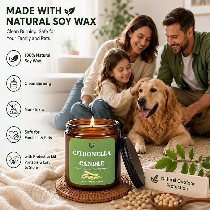 Citronella Candles Outdoor, Natural Soy Wax Outdoor Candles for Patio Backyard Garden Camping, Citronella Essential Oil Blend with Rosemary Peppermint & Lemongrass, 50 Hour Burn Time, 2 Pack 7oz