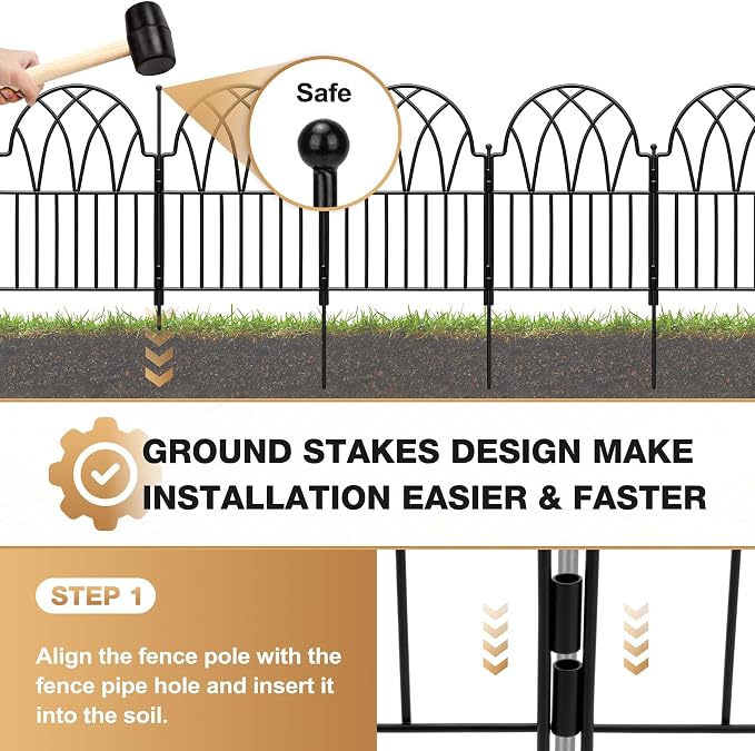 Garden Fence - 17 in(H) x 10.56ft(L) Arched Metal Fence Panel No Dig Fence, Ground Stake Animal Barrier Fence for Dog, Flower Bed Edging Wire Border Panel Fencing for Yard Patio Outdoor Decor