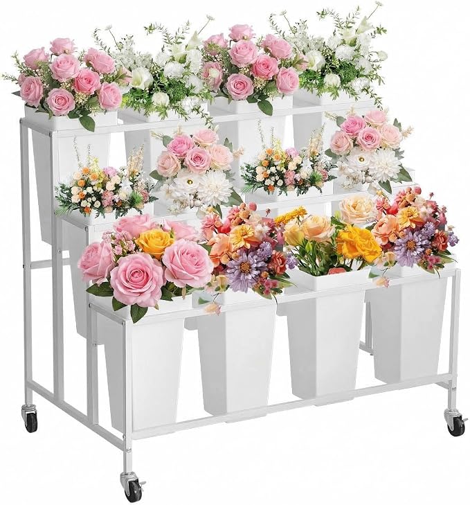 PeakPursuit 3-Tier Metal Flower Display Stand with 12 Square Plastic Removable Buckets and Wheels,Flower Display Cart for Indoor and Outdoor Use, White
