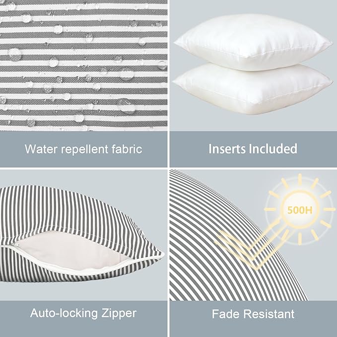 LVTXIII Outdoor Throw Pillows 20x20 Patio Waterproof Square Pillows with Piping Fade Resistant Accent Pillow for Spring Summer Garden Decoration, Set of 2, Strip Grey