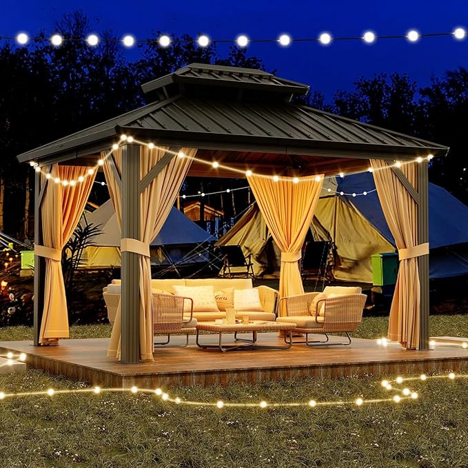 12 x 20 ft Hardtop Gazebo, Heavy Duty Galvanized Aluminum Frame Double Roof Outdoor Pavilion, Faux Wood Grain Metal Roof Gazebo with Netting & Privacy Curtains, Brown Patio Canopy Shelter for Backyard
