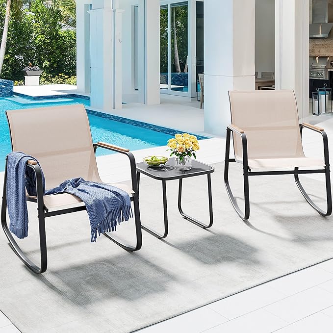 YITAHOME 3 Piece Rocking Bistro Set, Outdoor Patio Furniture Set with Wooden Armrests, Porch Chairs Set with Glass Table for Lawn, Garden, Balcony, Poolside, Beige