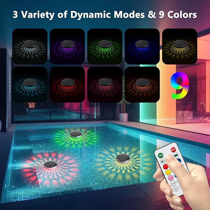 Kitloo Solar Rechargeable Floating Pool Lights(4 Pack), Pool Lights that Float with Remote Control, 9 Lighting, Timing Mode, IPX7 Waterproof for Inground Pool, Bathroom, Bathtub, Pool Party