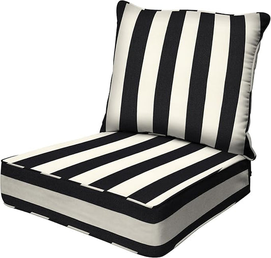 Honeycomb Outdoor Heritage Deep Seat, 24 x 23, Cabana Stripe Black and Ivory Chair Cushion with Removable Cover, for Patio Furniture