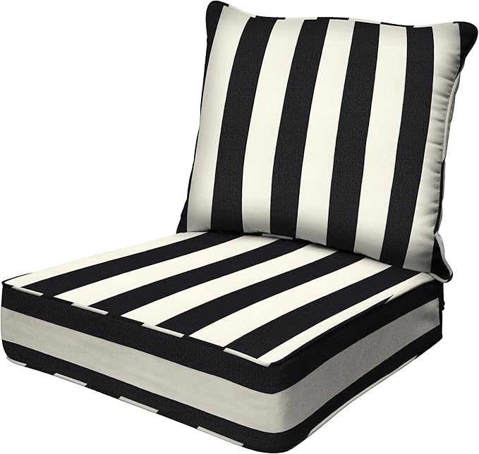 Honeycomb Outdoor Heritage Deep Seat, 25 x 26, Cabana Stripe Black & Ivory Chair Cushion with Removable Cover, for Patio Furniture