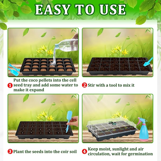 Halatool 2 Set Seed Starter Tray Kits, 2 Pack Germination Tray with 50 Pcs Coco Pellets, Greenhouse Indoor Seed Germination System for Herbs Vegetables Flowers, Seed Starter Kit