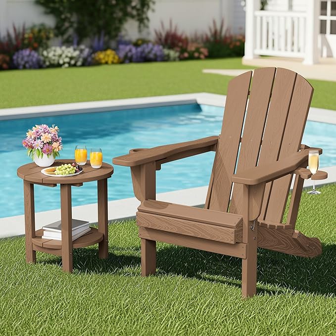 SERWALL Round Adirondack Side Table, 16.5" Double Outdoor Side Table, HDPE Small End Tables for Backyard Pool Porch Garden Lawn, Brown