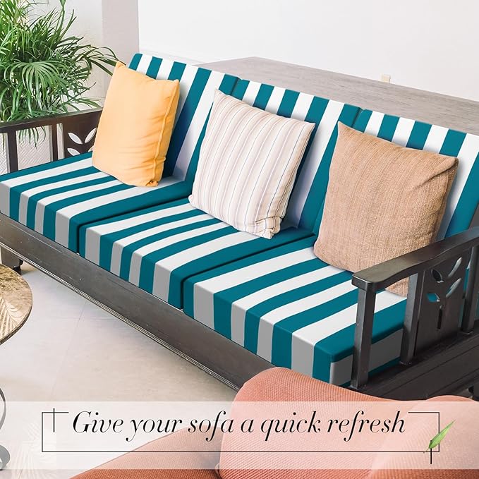 Newwiee 8pcs Patio Stretch Cushion Covers Stripe Outdoor Cushion Covers Replacement Patio Furniture Couch Slipcover Sofa Chair Seat, Thin Fabric Breathable Soft Flexibility Protector(Turquoise)