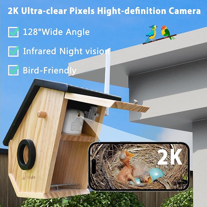 Smart Bird House with Camera for Outside Solar Powered, 2K HD&Night Vision View Birdhouse Nest Cam with AI Identify,Auto Capture Birds Motion Detection&Notify in Time,Ideal for Bluebird and Cardinal