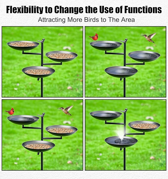 44" H Bird Bath and Feeder for Outside, 3 in 1 Metal Birdbaths for Outdoors, with 4-Prong Stake Base for Outdoors Yard Garden Patio, Black